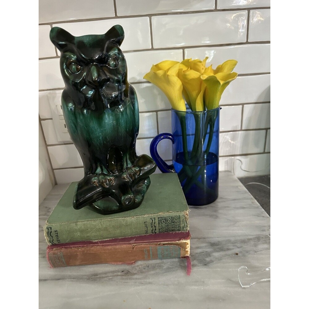 Vintage Blue Mountain Pottery Great Horned Owl Green Drip Glaze MCM 10” Tall